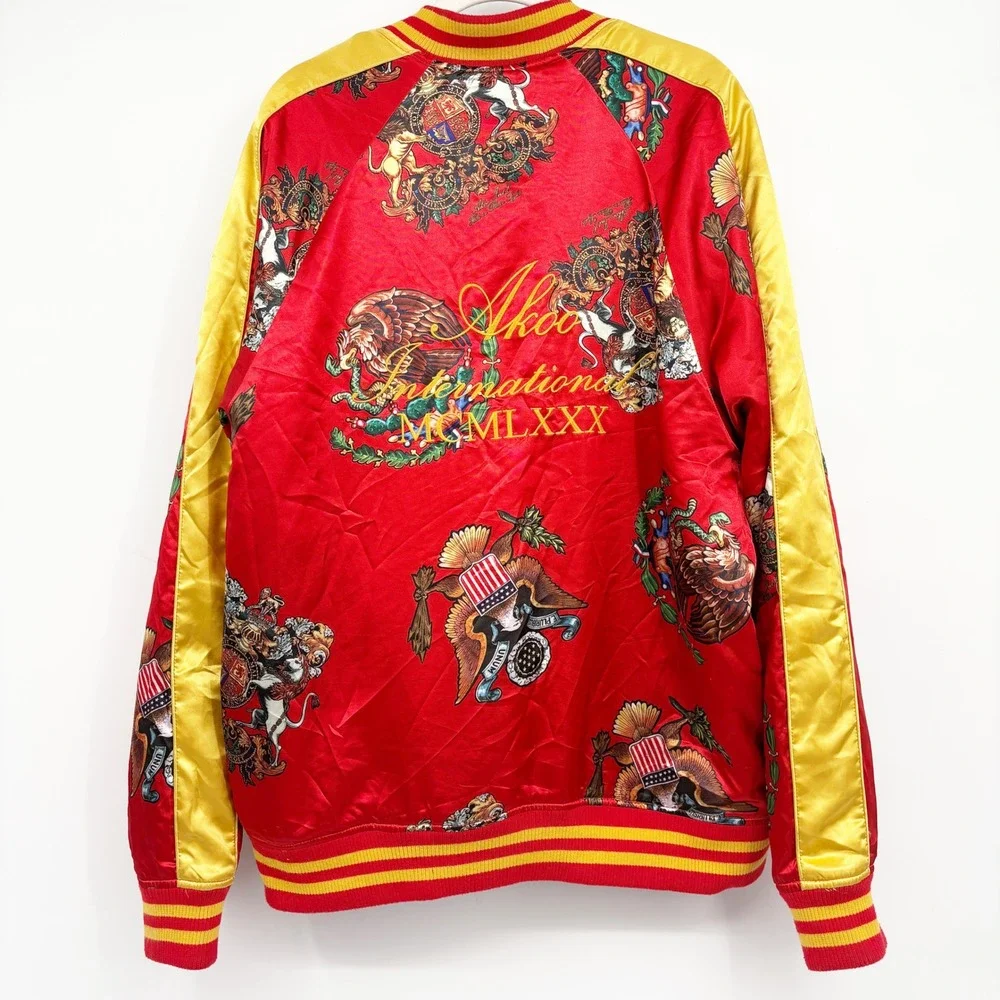 AKOO Mens Rare Red Satin Heraldic Crest Royal Streetwear Bomber Jacket Size XXL